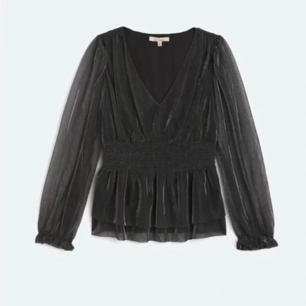 Le Serein Calais Smocked Mesh Long Sleeve Top Shirt Blouse Metallic Small NWT